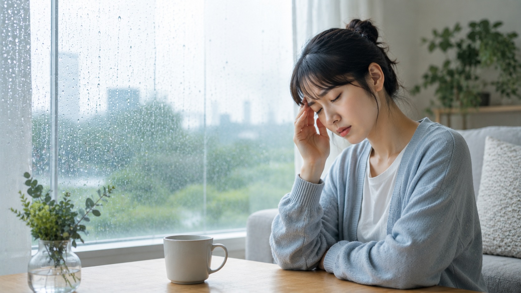 梅雨の時期に増える頭痛・だるさ・めまいのイメージ