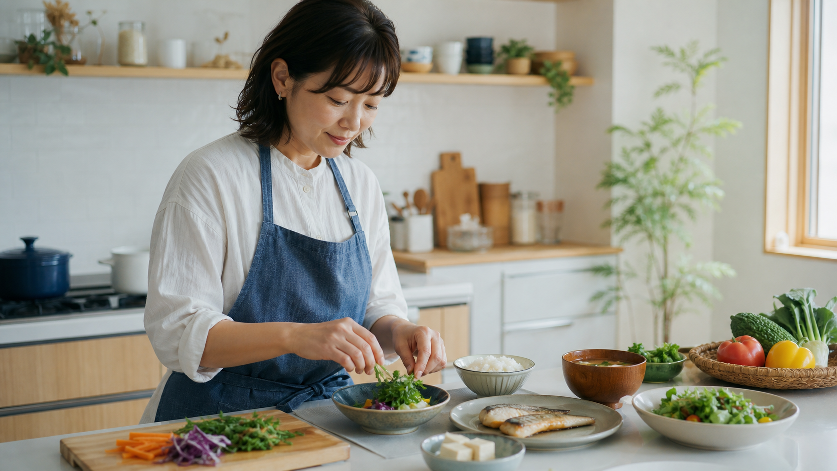 自宅で栄養バランスのよい食事を準備する女性