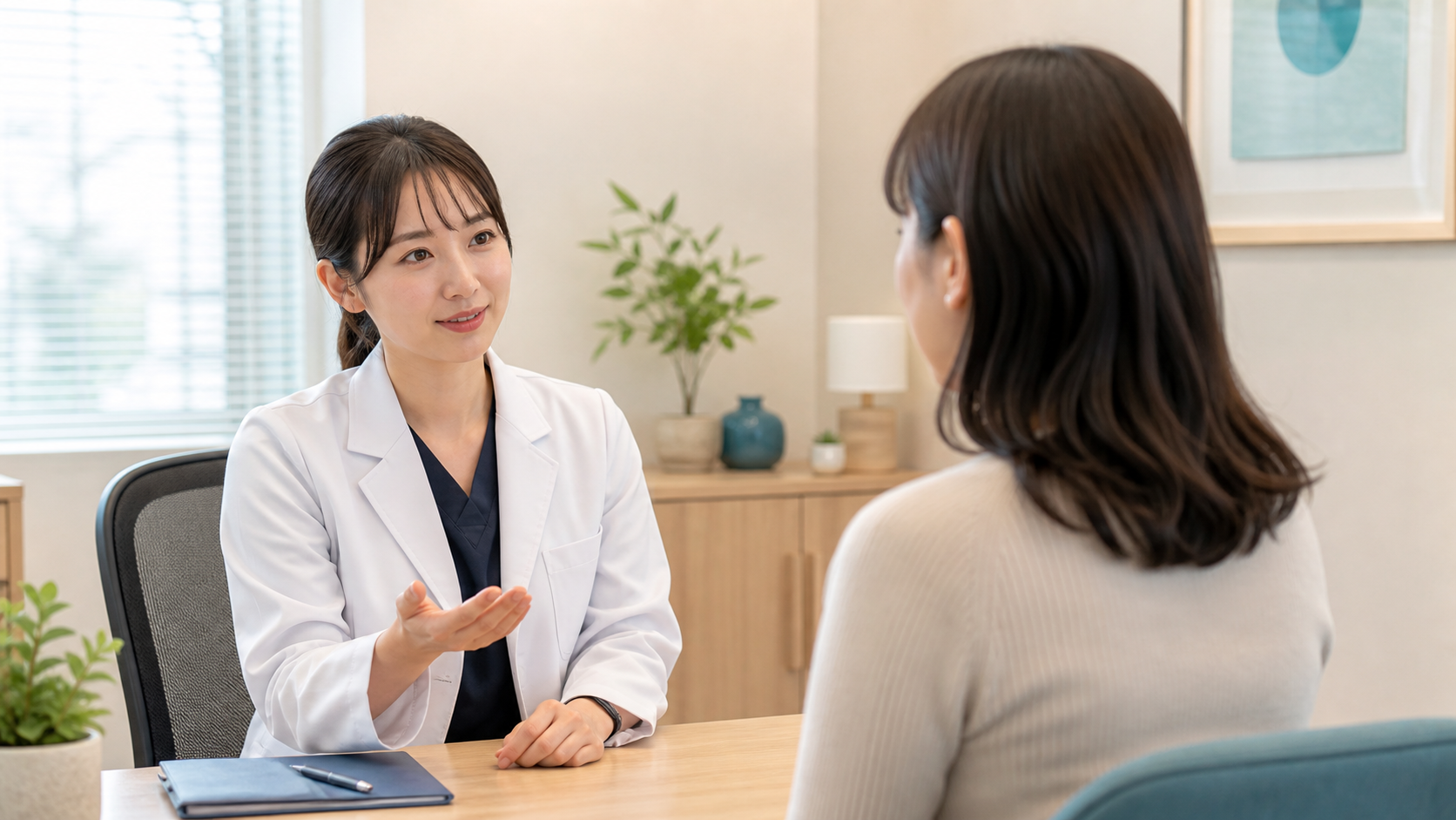 診察室で医師に体重管理について相談する女性