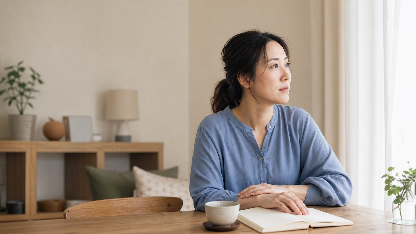 窓辺でこれからの体重管理について静かに考える女性