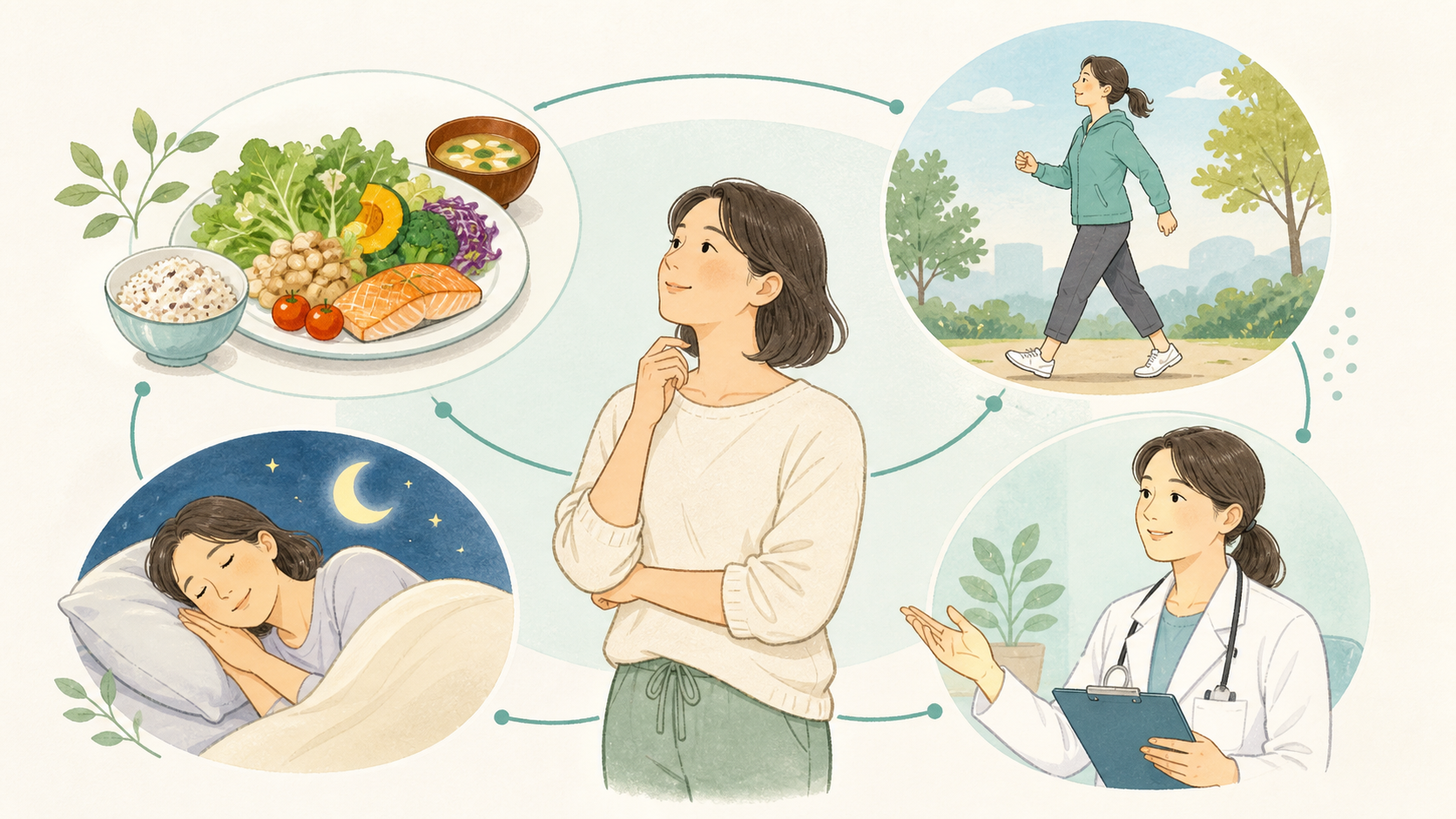 食事、運動、睡眠、医療を組み合わせた健康的な体重管理のイラスト