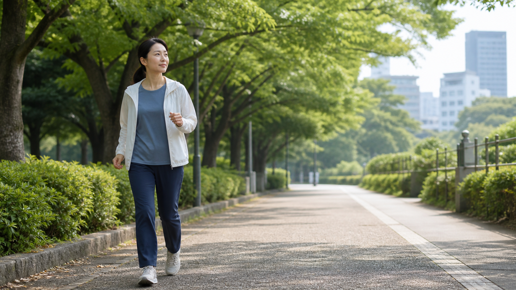 緑のある公園で無理のないウォーキングをする女性