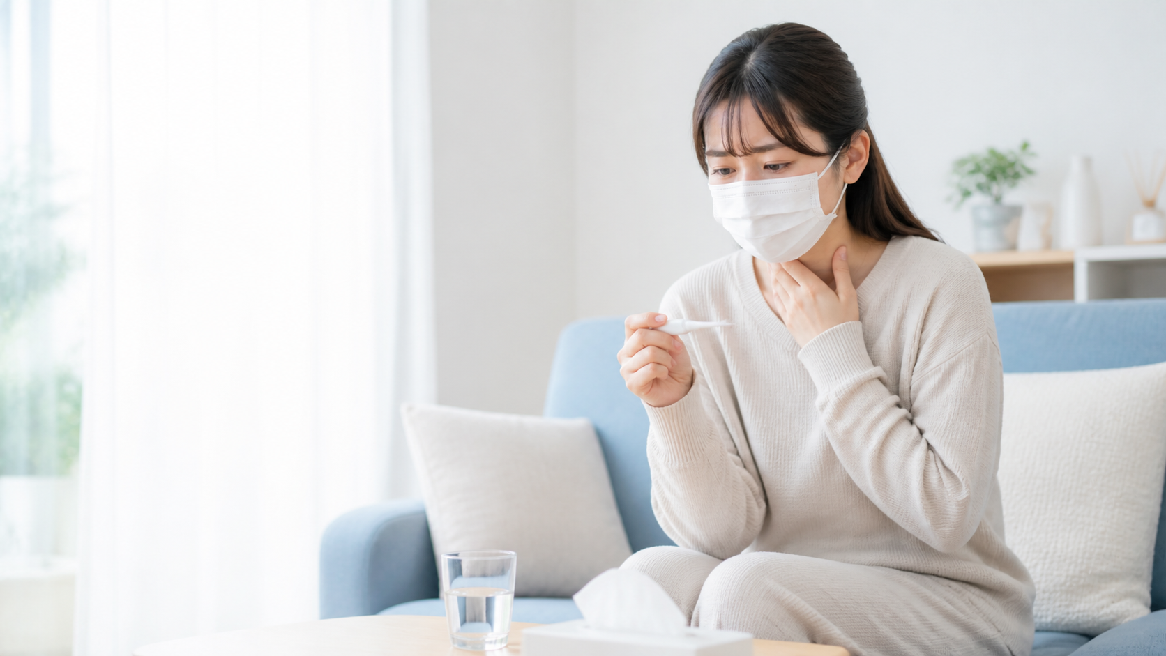 のどの痛みなどの症状があり体温を確認する女性