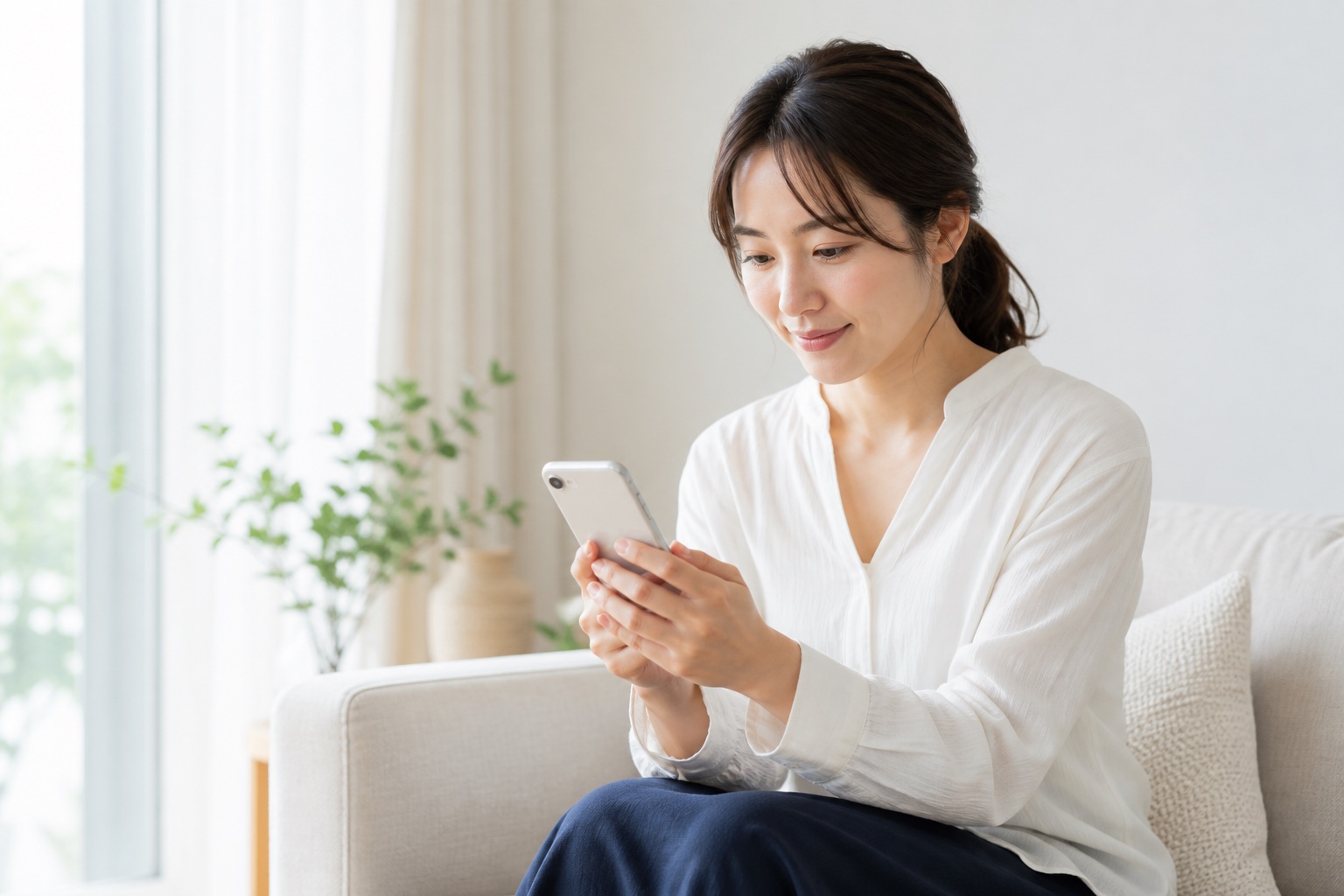 スマートフォンから相談する女性