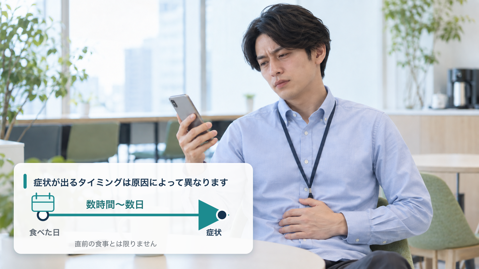 症状が出るタイミングは原因によって異なります。食べた日から数時間〜数日で症状。直前の食事とは限りません(職場でスマートフォンを見ながら、お腹に手を当てる男性)