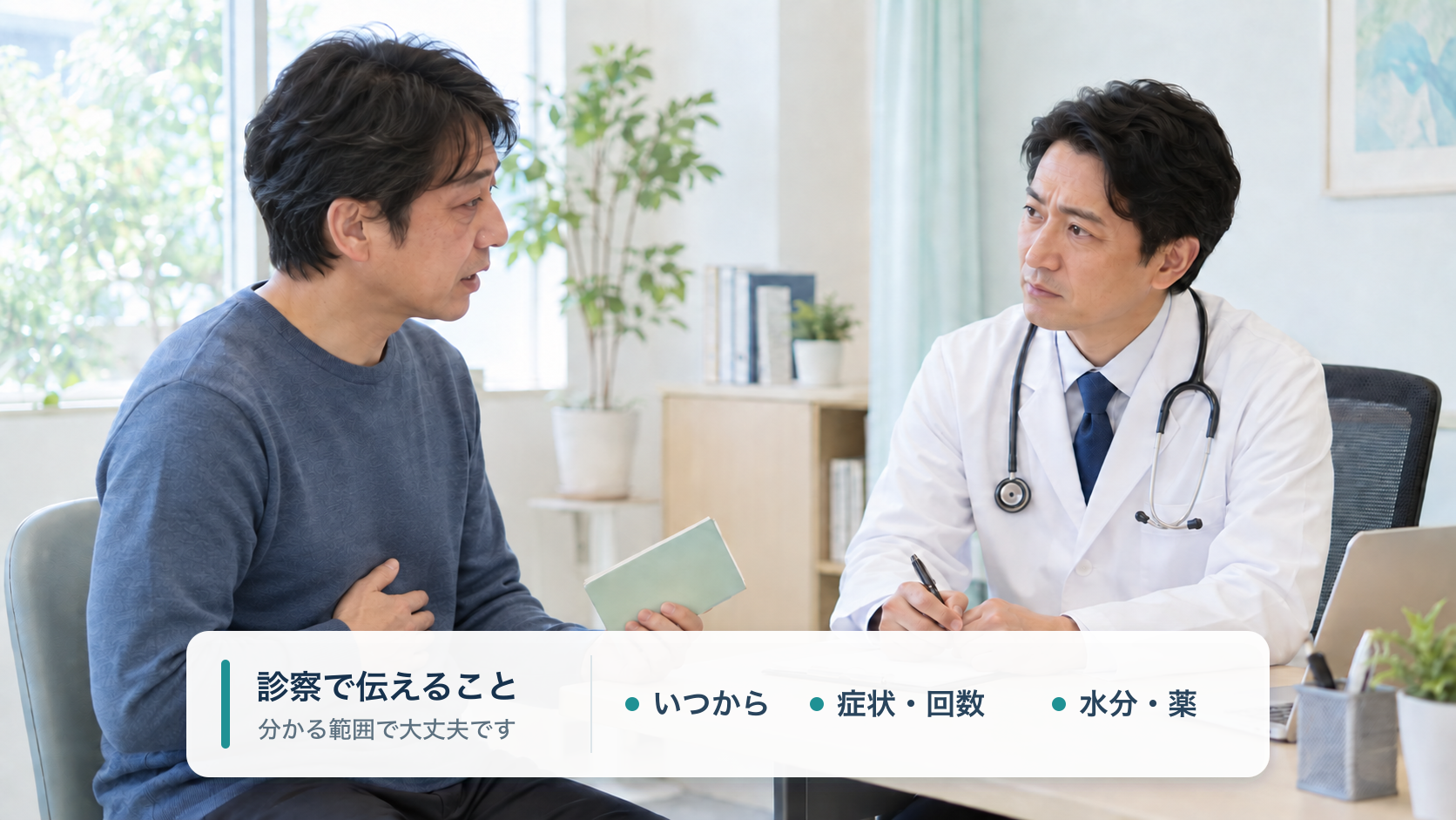 診察で伝えること(分かる範囲で大丈夫です)。いつから/症状・回数/水分・薬(診察室で医師に症状を話す男性)