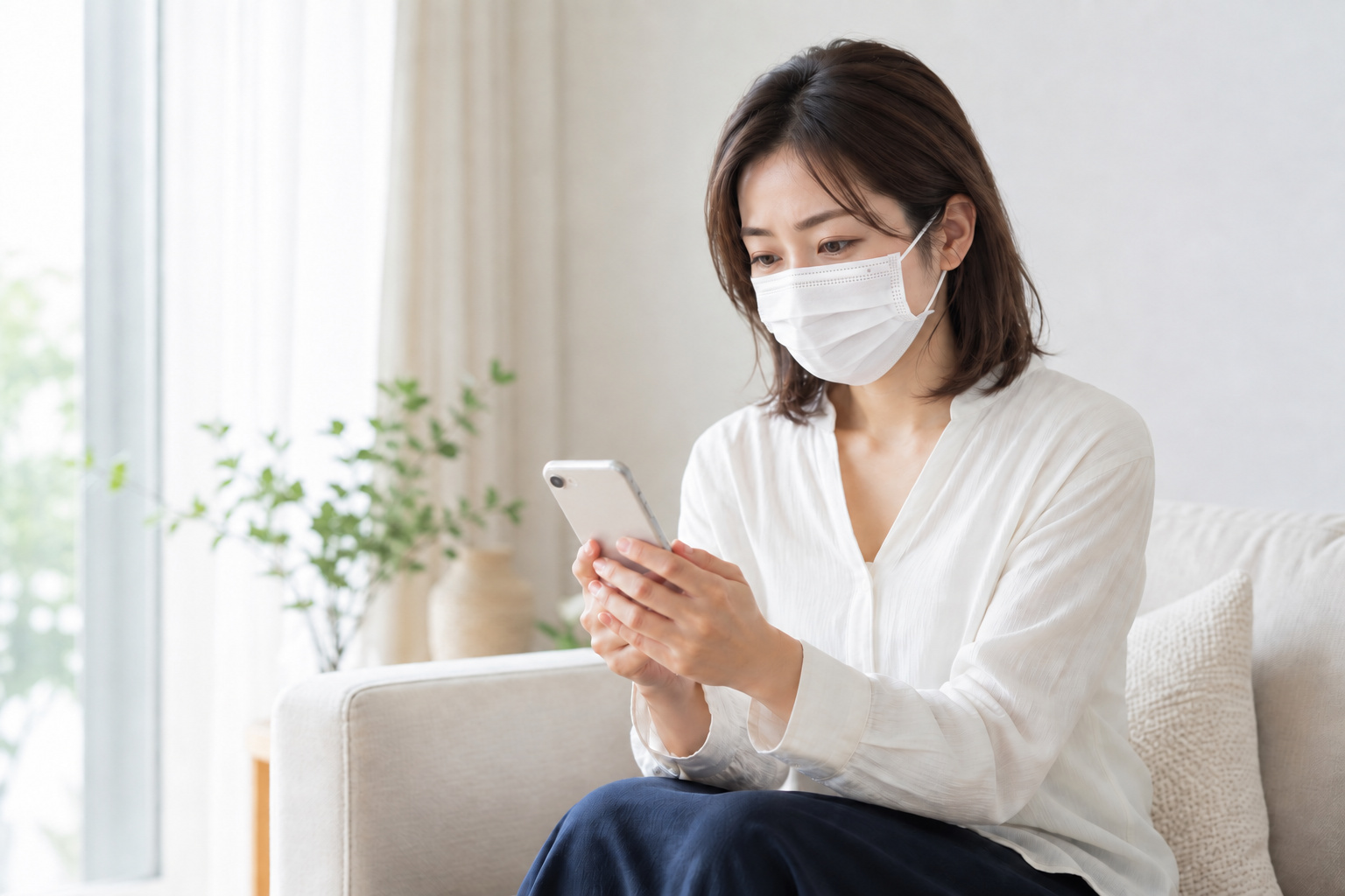 スマートフォンでLINE相談をする女性
