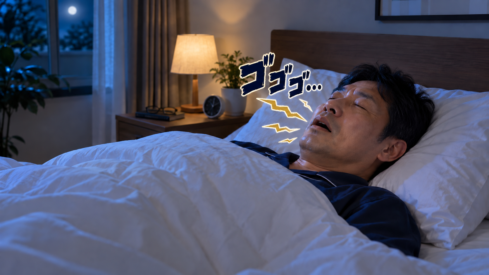 いびきをかいて眠る男性と「ゴゴゴ…」といういびきの効果