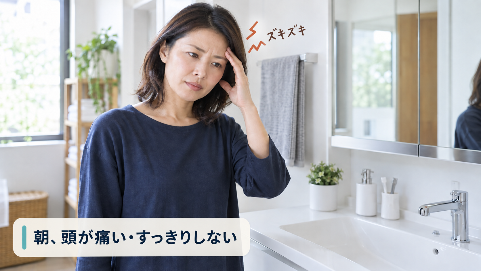 朝、頭が痛い・すっきりしない(洗面所でこめかみに手を当てる女性)
