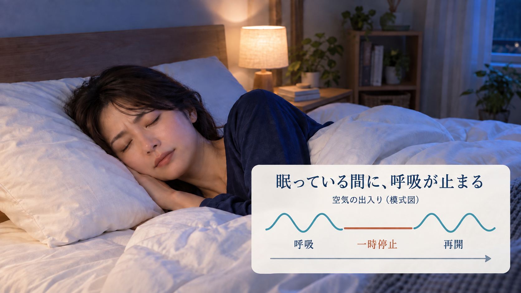 眠っている間に、呼吸が止まる。空気の出入りの模式図(呼吸→一時停止→再開)と、横向きで眠る女性