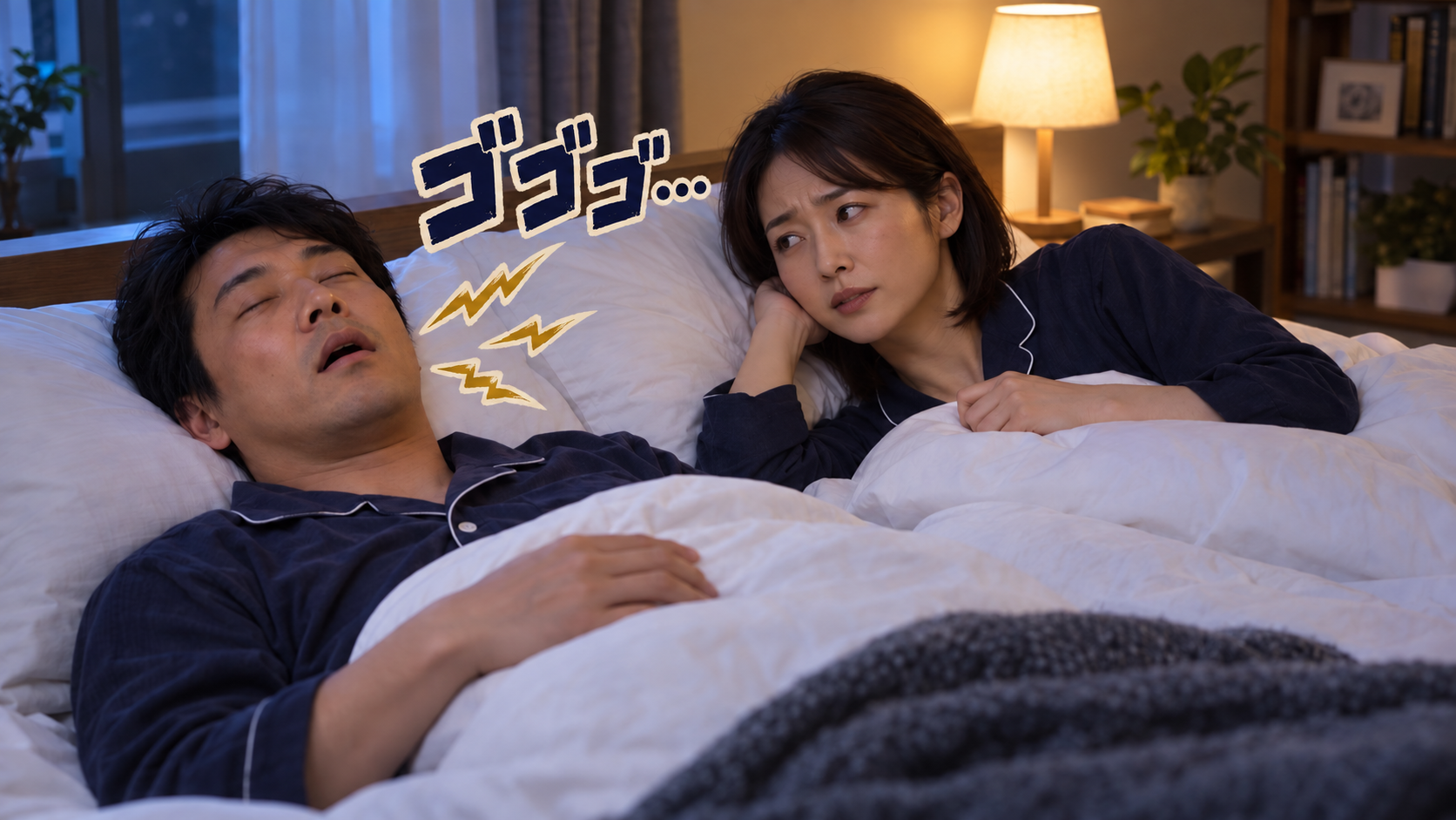 「ゴゴゴ…」といびきをかいて眠る男性と、隣で困った様子の家族