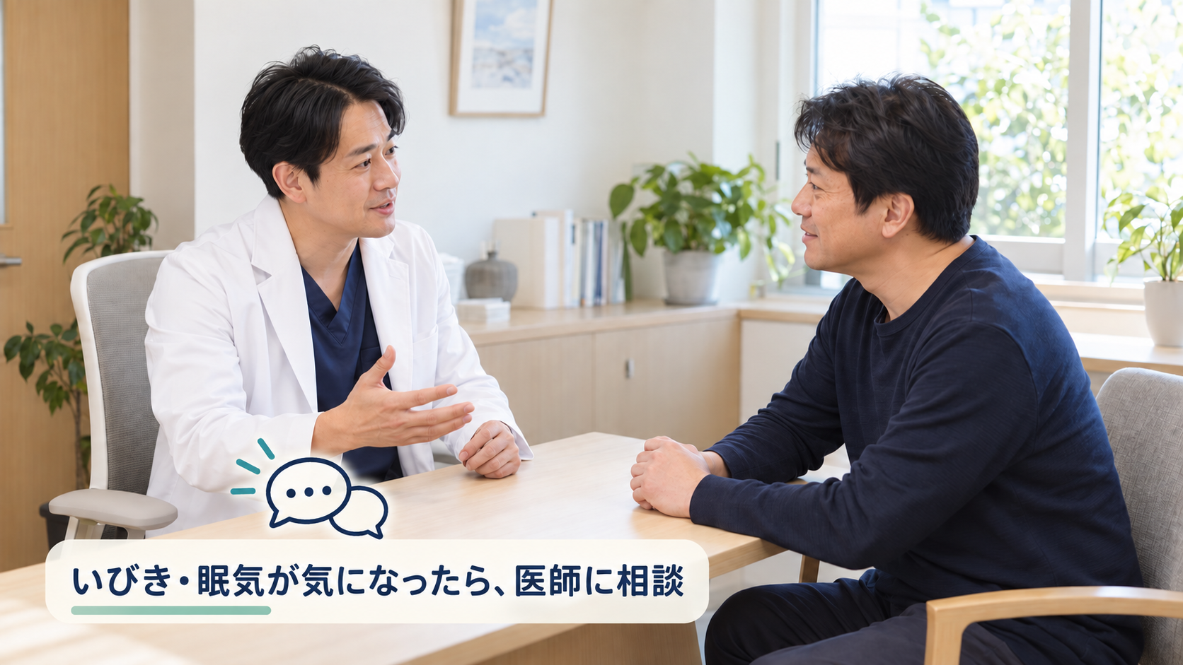 いびき・眠気が気になったら、医師に相談(診察室で医師と患者が話す様子)