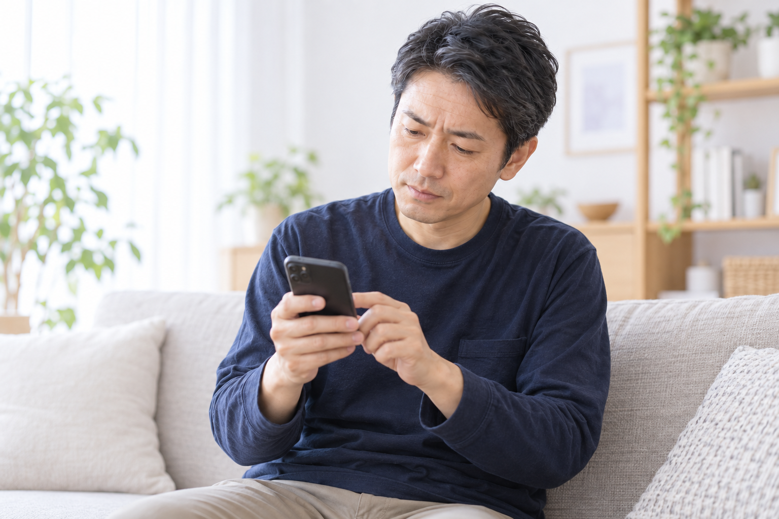 ソファに座り、スマートフォンでメッセージを送る男性
