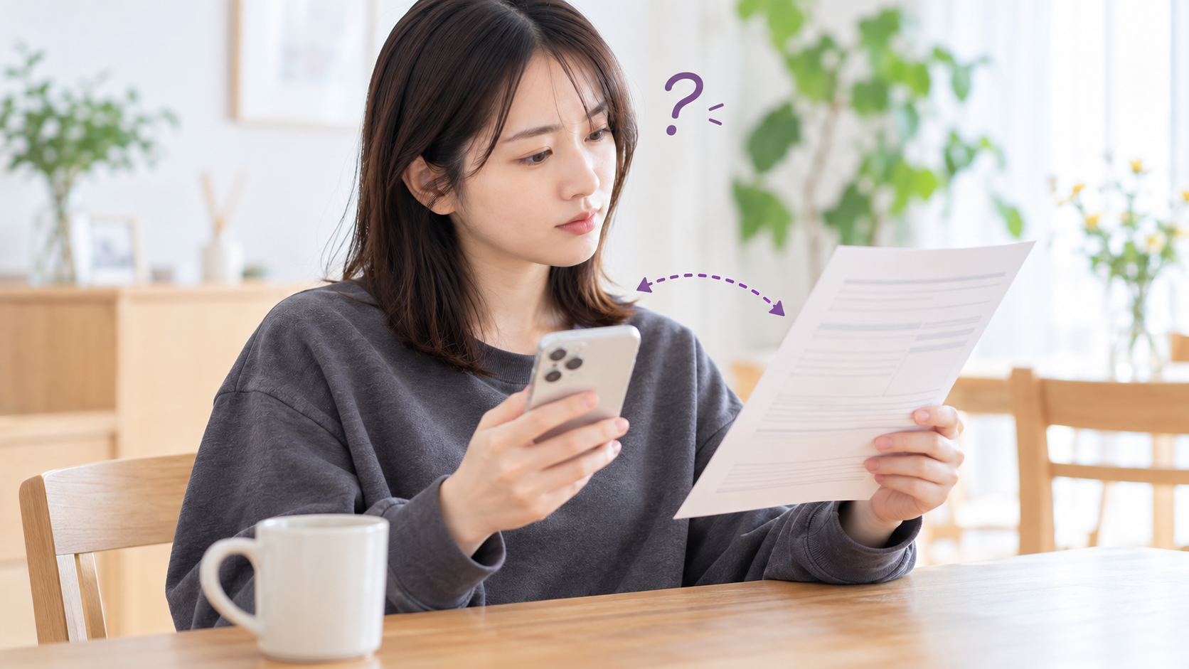 健診の結果票とスマートフォンの申込内容を見比べて、首をかしげる女性