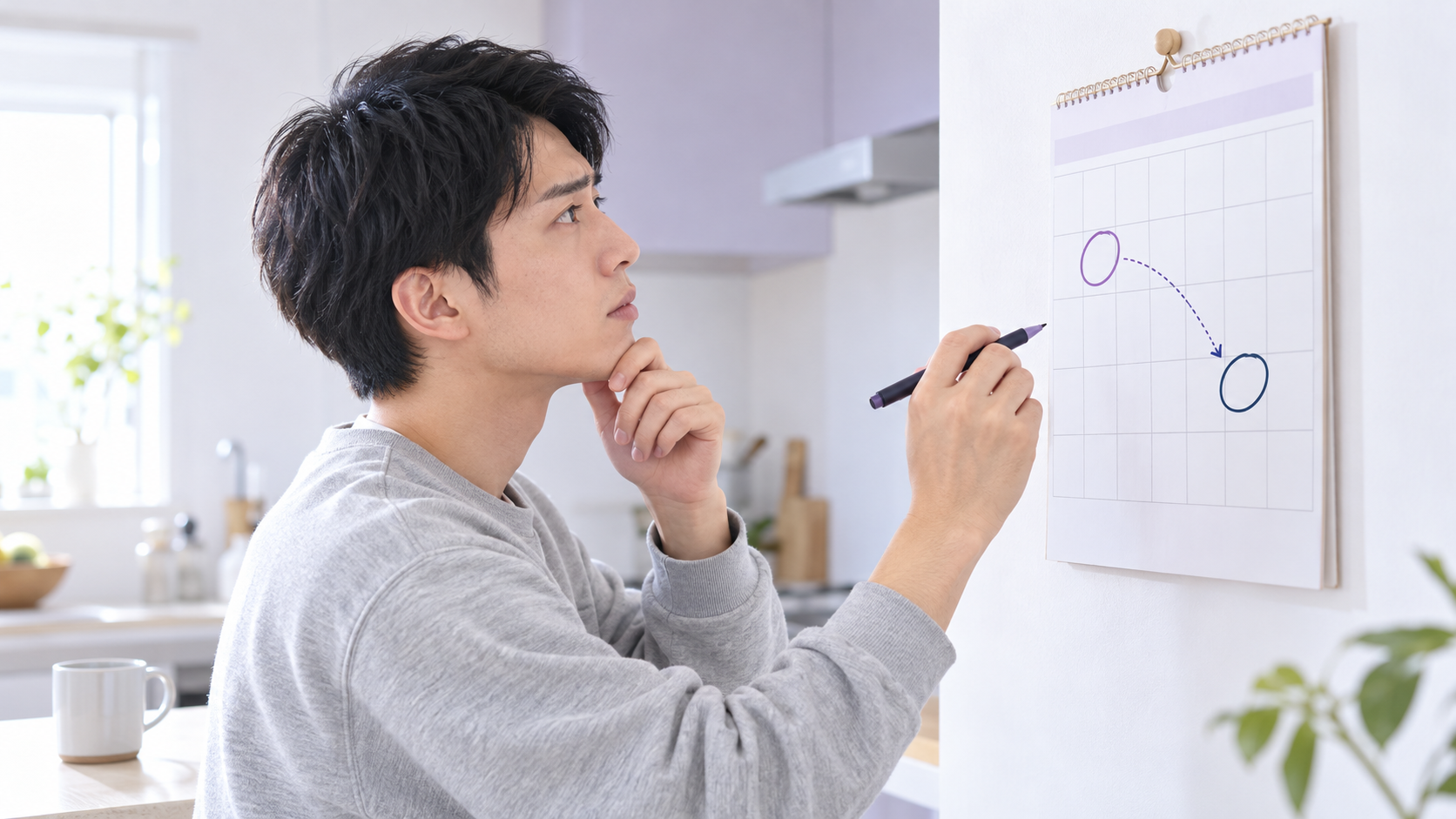 キッチンの壁のカレンダーを見て、検査日と心配な時期を思い出す男性