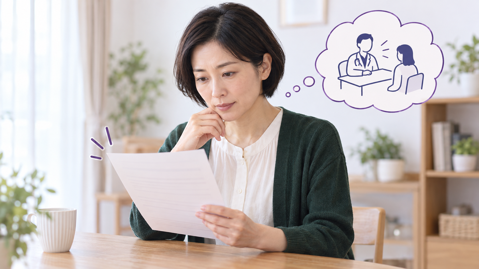 検査結果の紙を見て、一人で判断せず医師に相談しようと考える女性