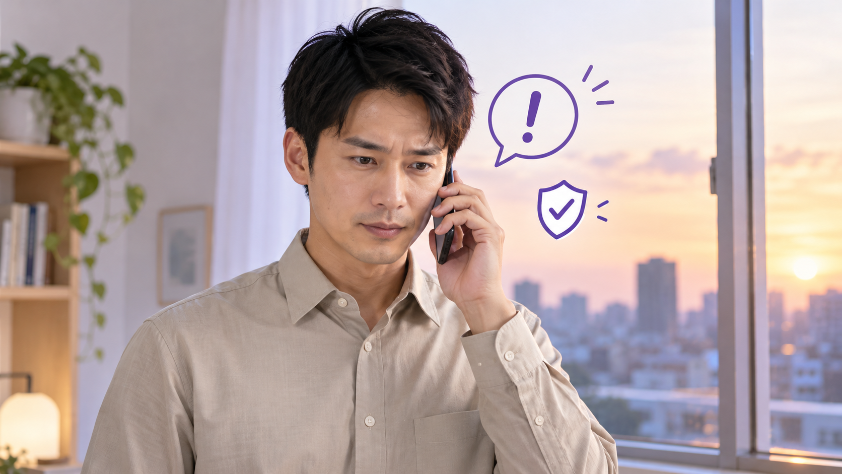 夕方の部屋で、スマートフォンで医療機関に電話をかける男性