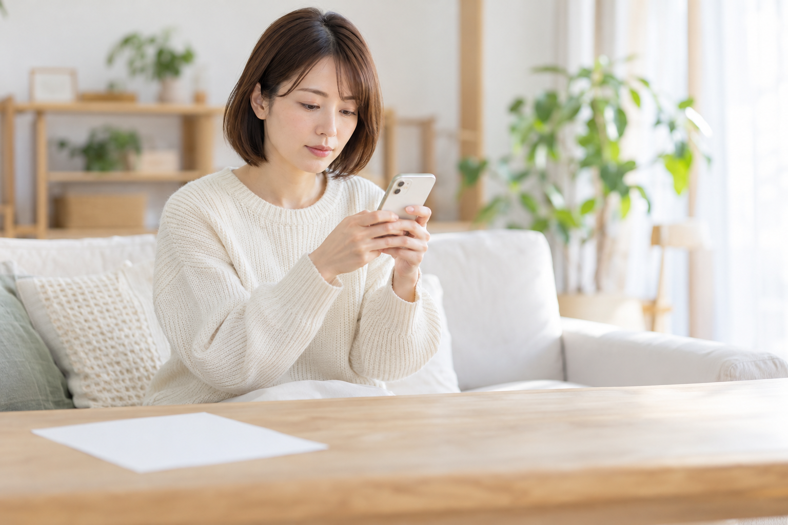 ソファに座り、スマートフォンでメッセージを送る女性