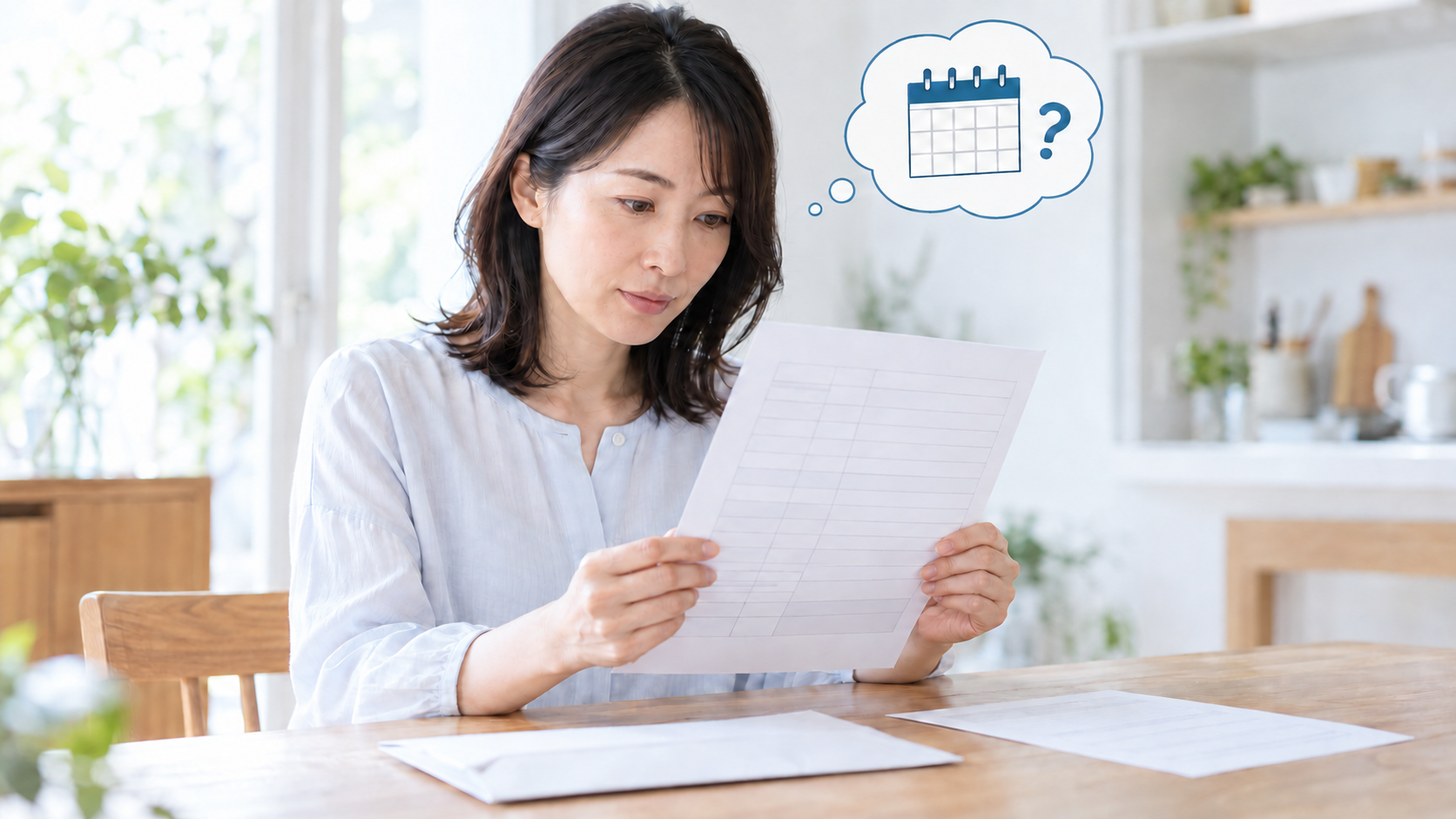 健康診断の結果票を両手で持ち、指摘された項目を読む女性