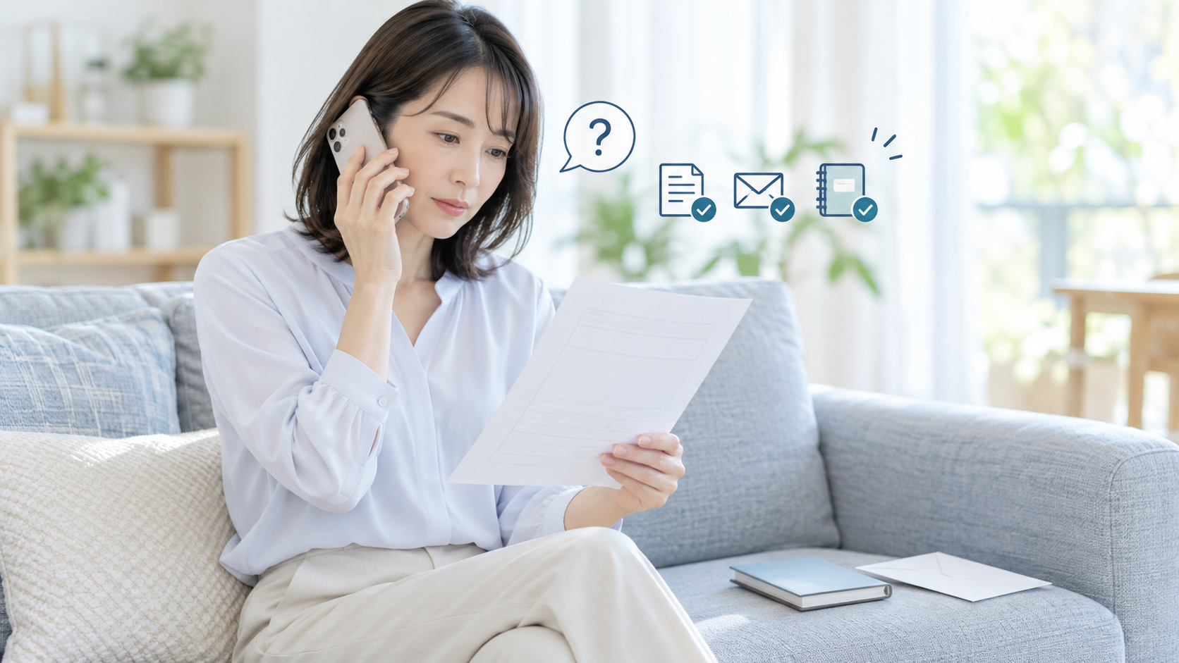 結果票を手に、受診先へ電話で問い合わせる女性