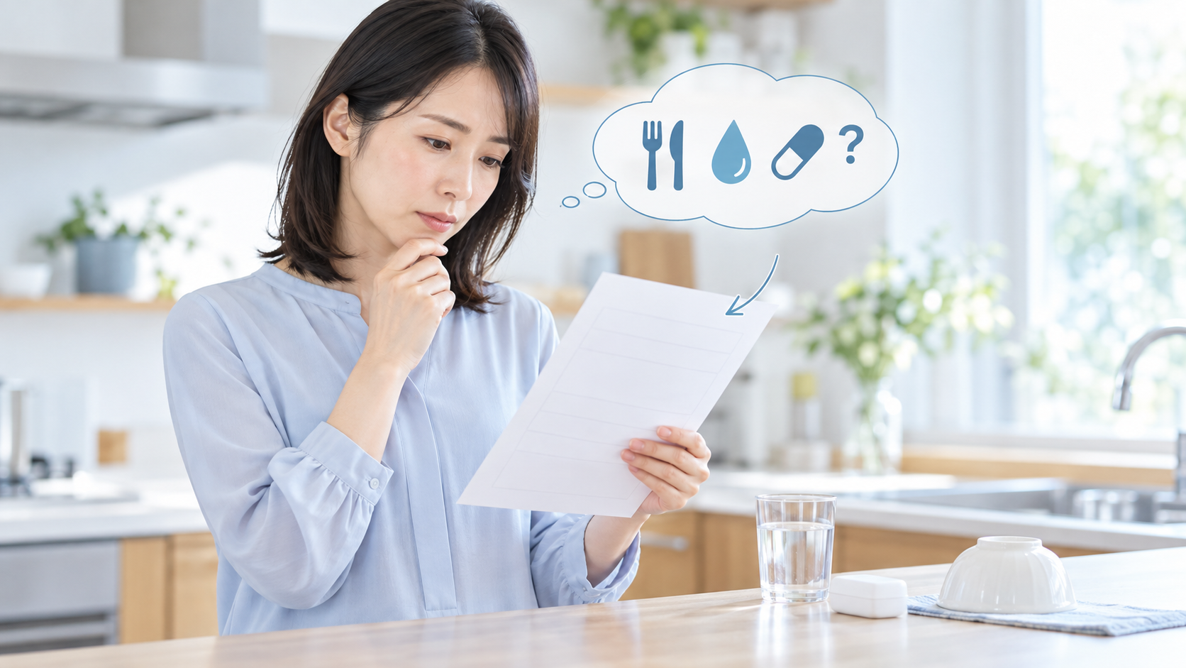 案内の紙を読みながら、食事・飲み物・薬の準備を考える女性