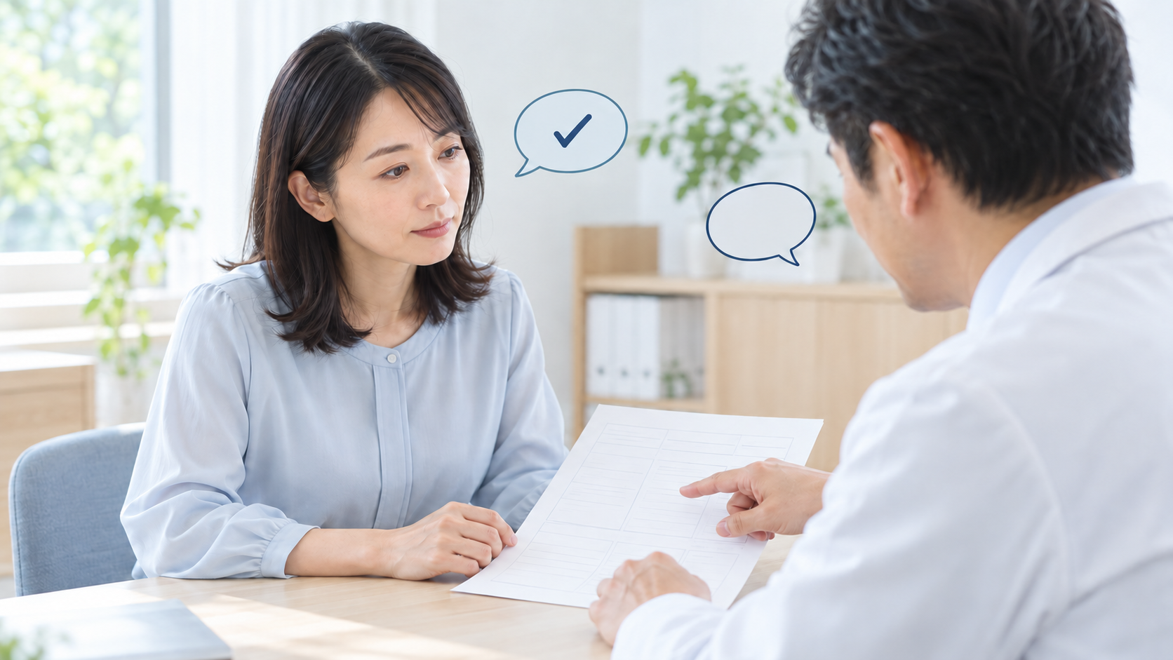 診察室で結果票を見せながら、医師に相談する女性