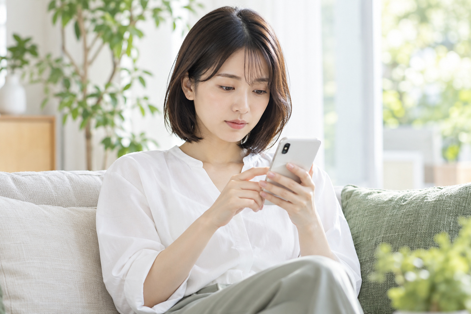 スマートフォンからメッセージを送る女性