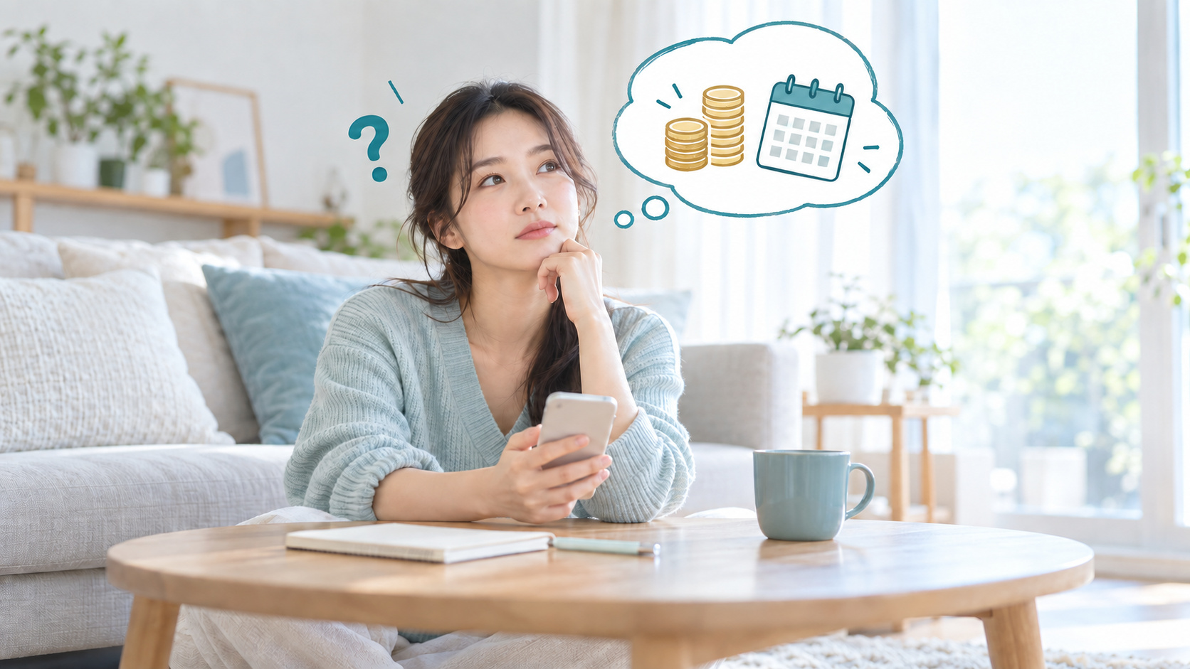 スマートフォンを手に、治療の費用について考える女性