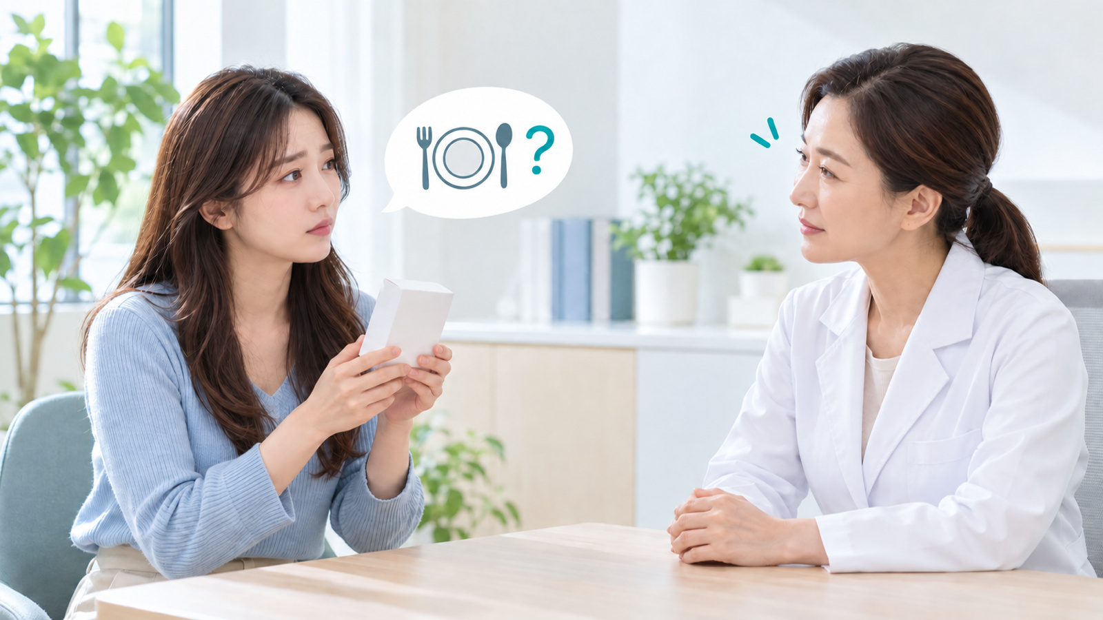 薬の箱を見せながら、医師にこれまでの治療について話す女性