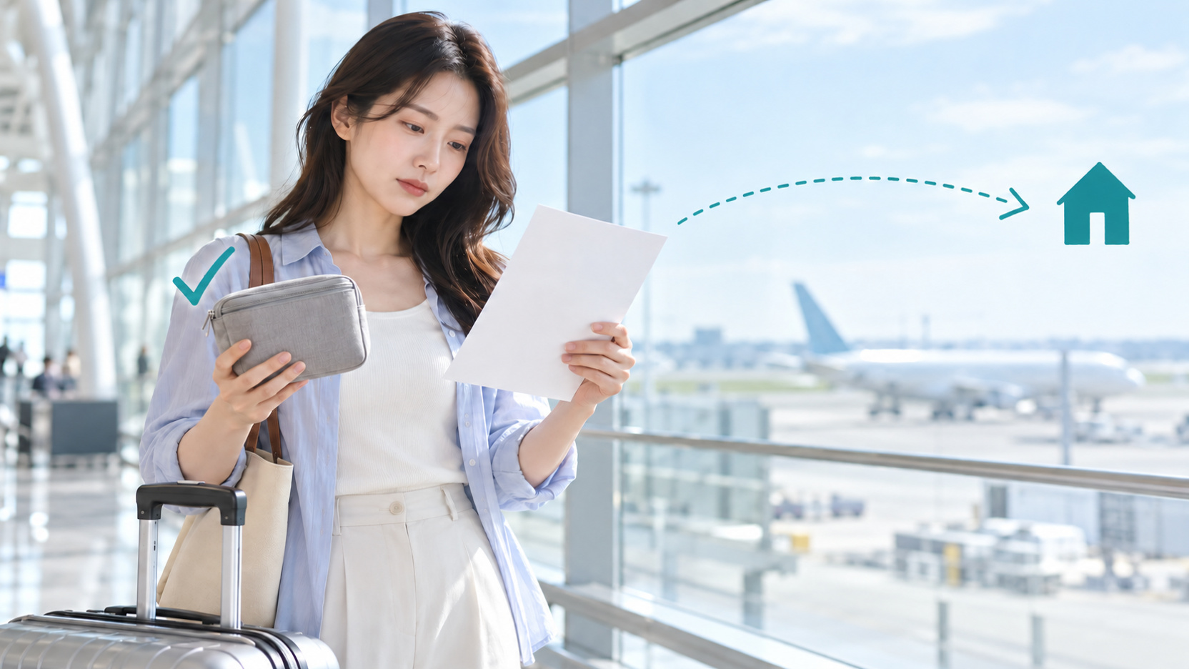 空港で、持ち帰る薬と書類を確かめる女性