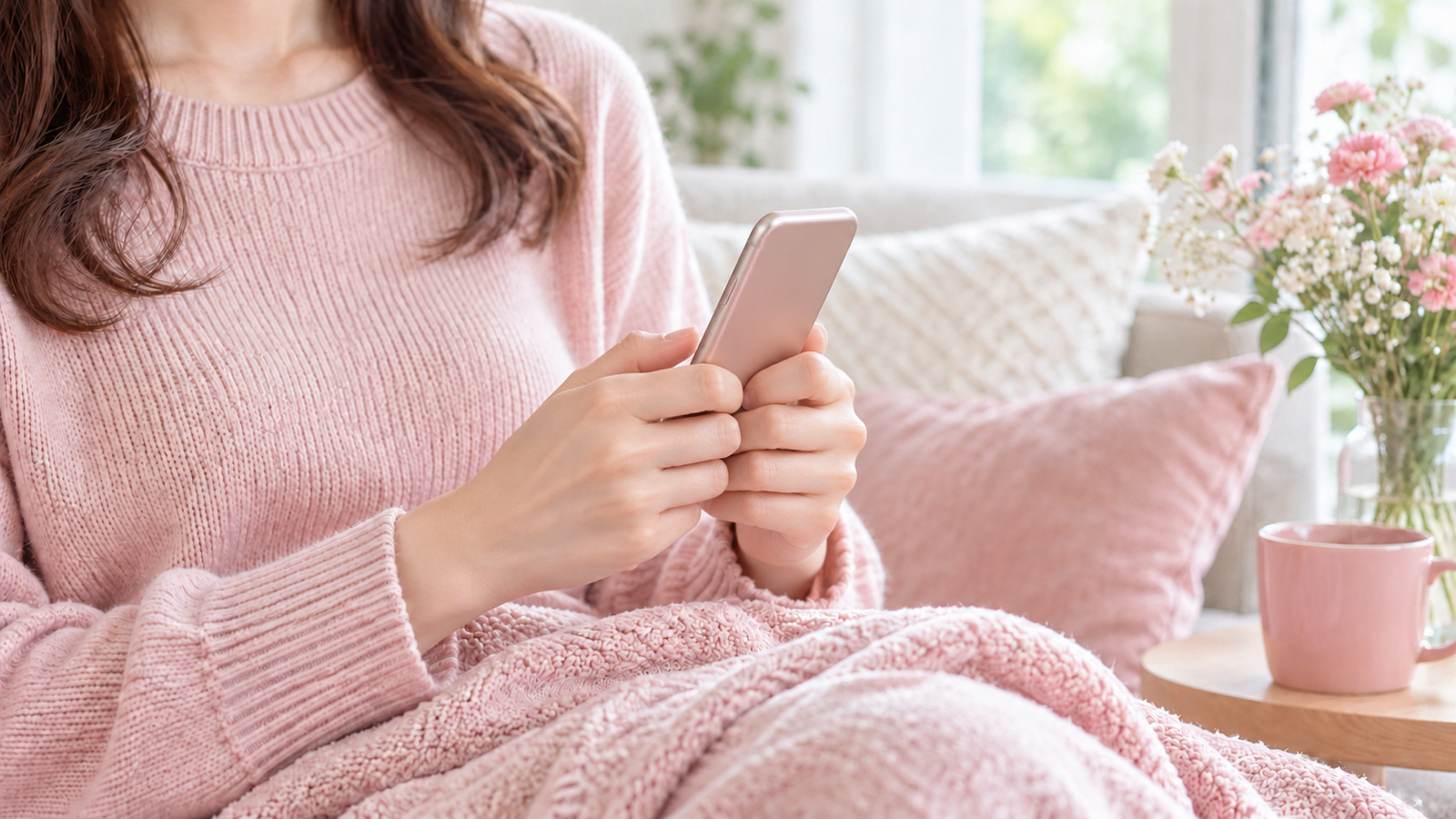 スマートフォンでメッセージを送る女性の手元