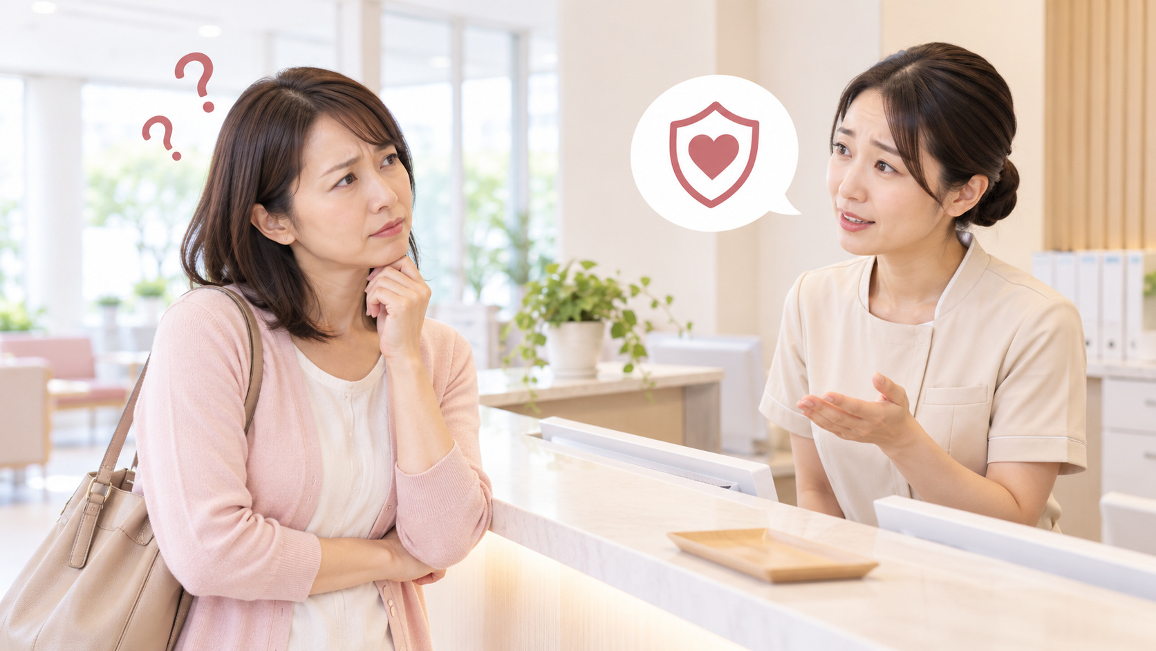 献血の受付で首をかしげる女性と、安全を守る盾のアイコンの吹き出しで説明するスタッフ