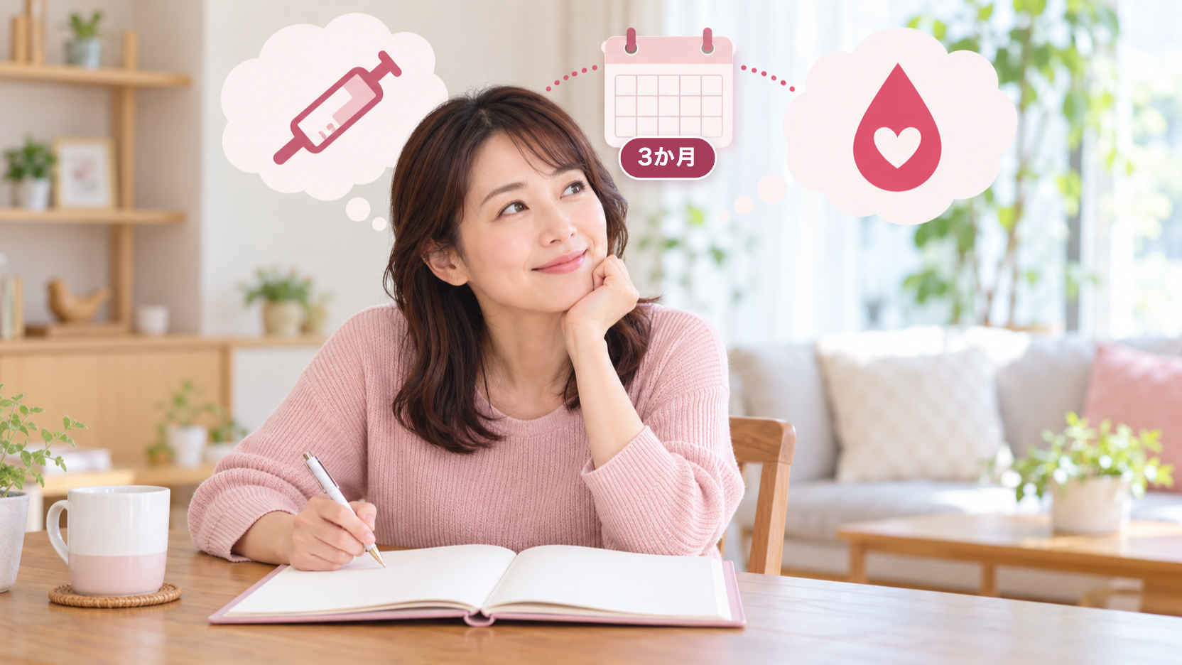 手帳を前に考える女性。注射と献血のしずくを思い浮かべる吹き出しを、カレンダーと「3か月」がつないでいる